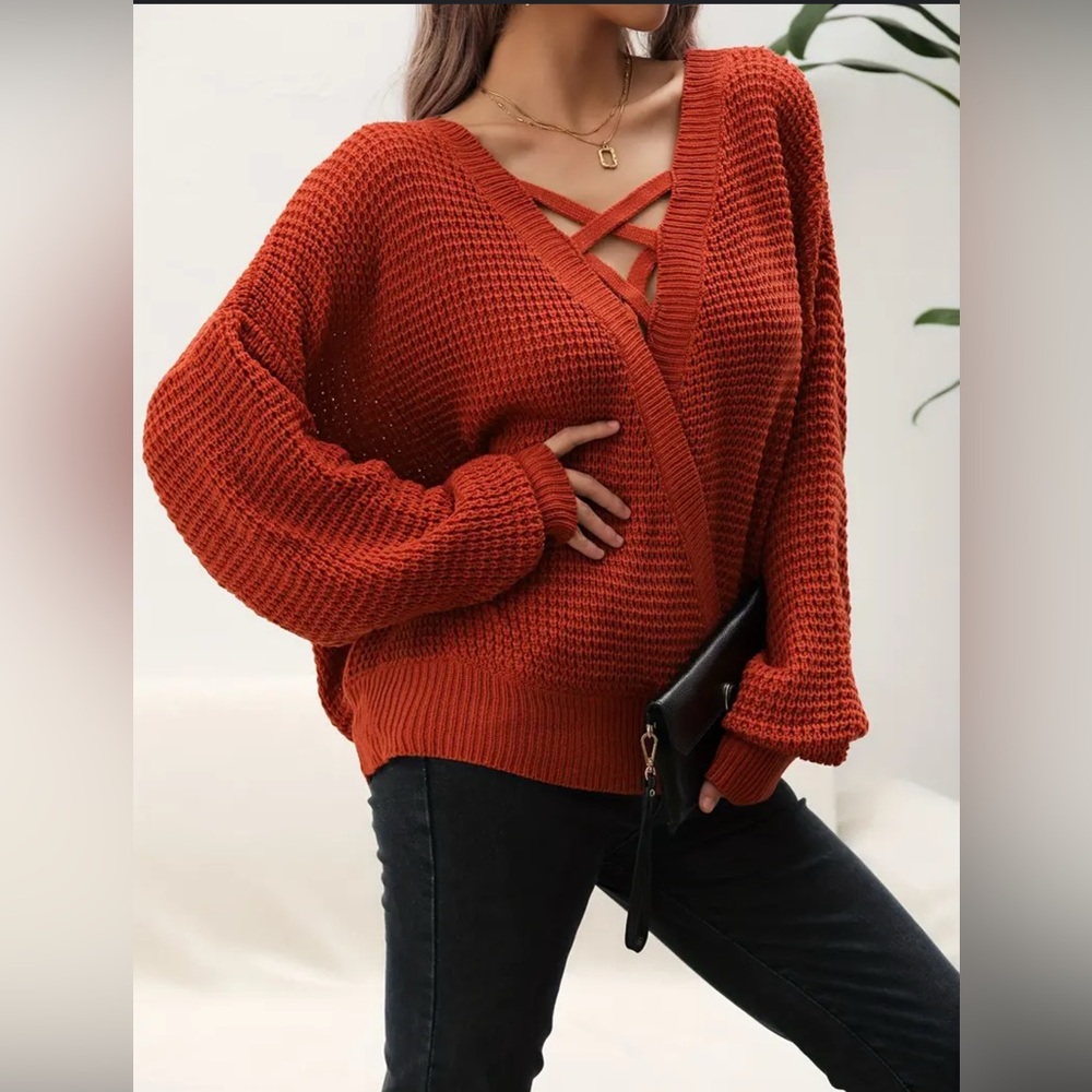 Rustic Orange V-Neck Knitted Sweater with X pattern on front